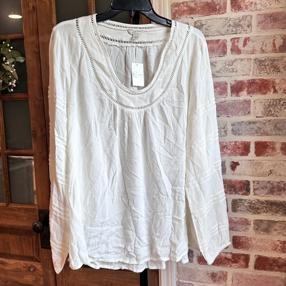 Cato Top Women Ivory Ladder Stitch Pintuck Long Sleeve Boho Peasant Romantic L